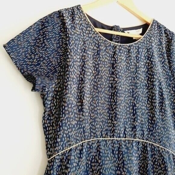 YUMI | Fit & Flare Short Slv Summer Tea Dress Navy Blue Yellow & White Sz 10 L - Picture 7 of 16
